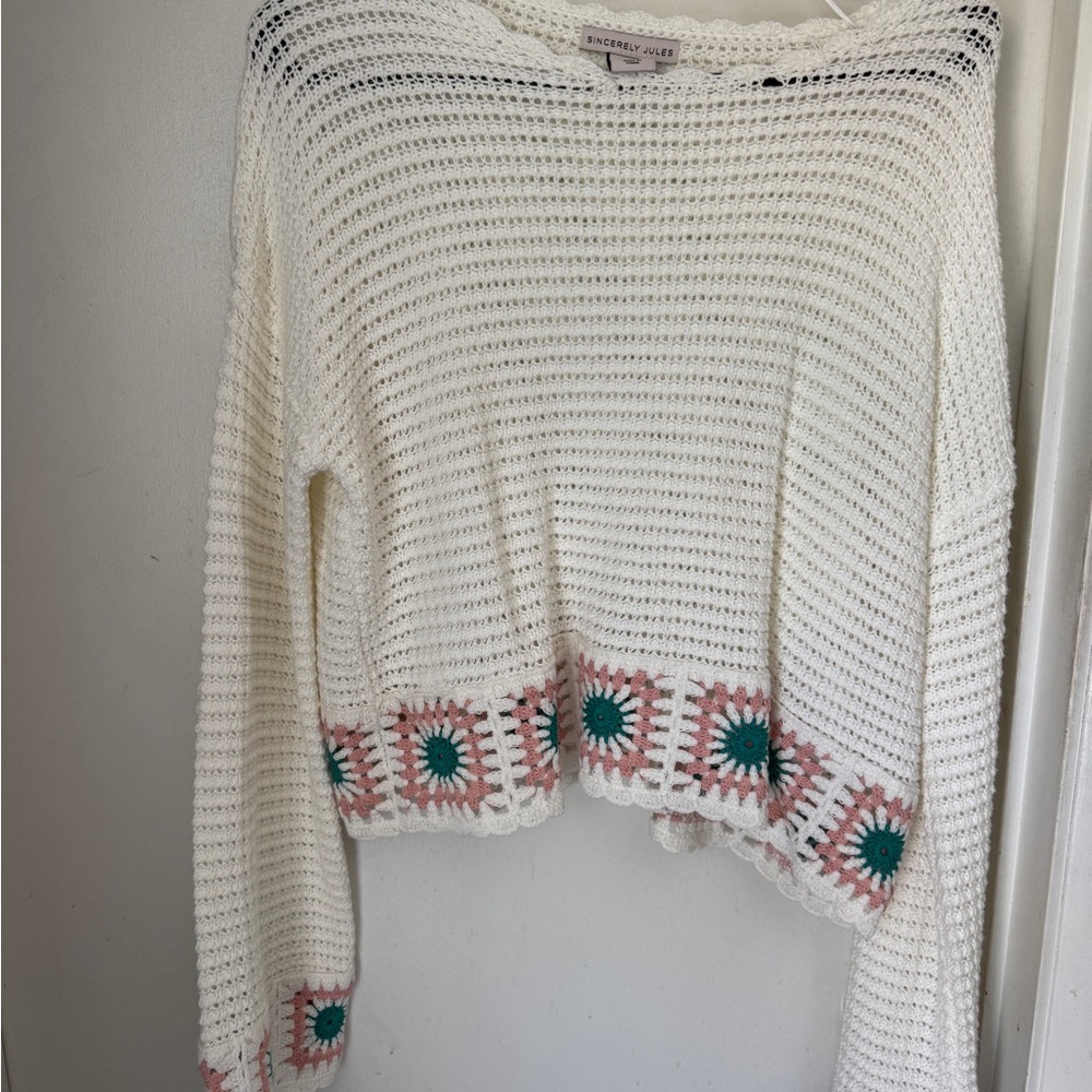 Sincerely Jules Off-the-Shoulder White Sweater with Pink and Teal Accents